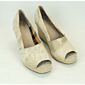 Toms Classic Ivory Tie Dye Canvas Peep Toe Raffia Espadrille Wedge Sz.‎ 8.5